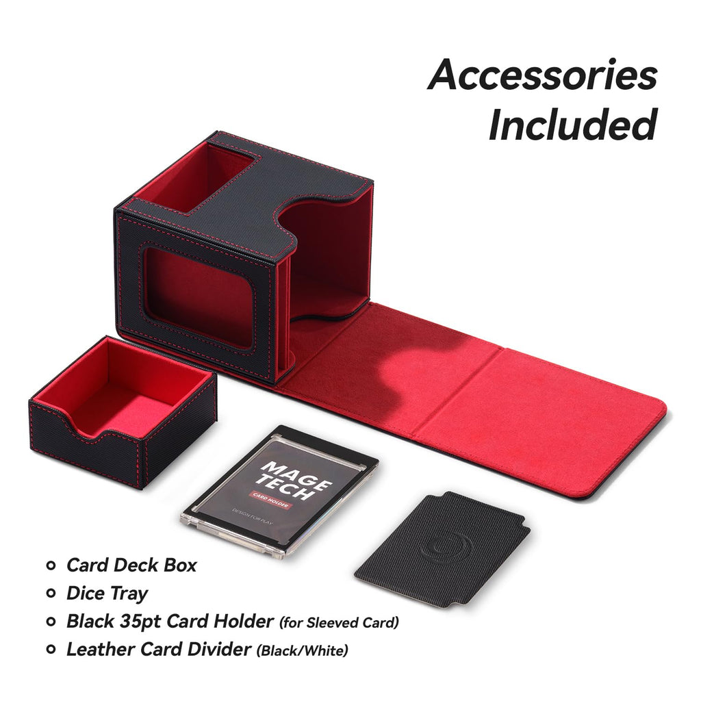 Mage Tech Card Deck Box for MTG Commander - Patented Design, Commander Display, Fits 100 Double-Sleeved Cards, 35pt Card Brick & Dice Tray - Black/Red