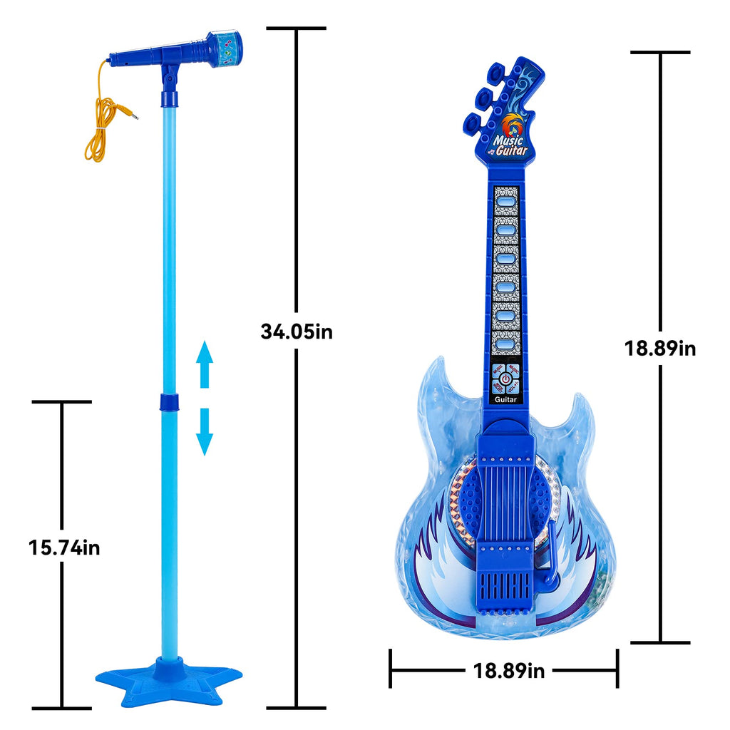 Guitar and Microphone Play Set for Boys New Upgrade,Karaoke Machine with Music&Light,Microphone Toys with Stand,Adjustable Height Guitar Toys for Kids,Toddlers,Child