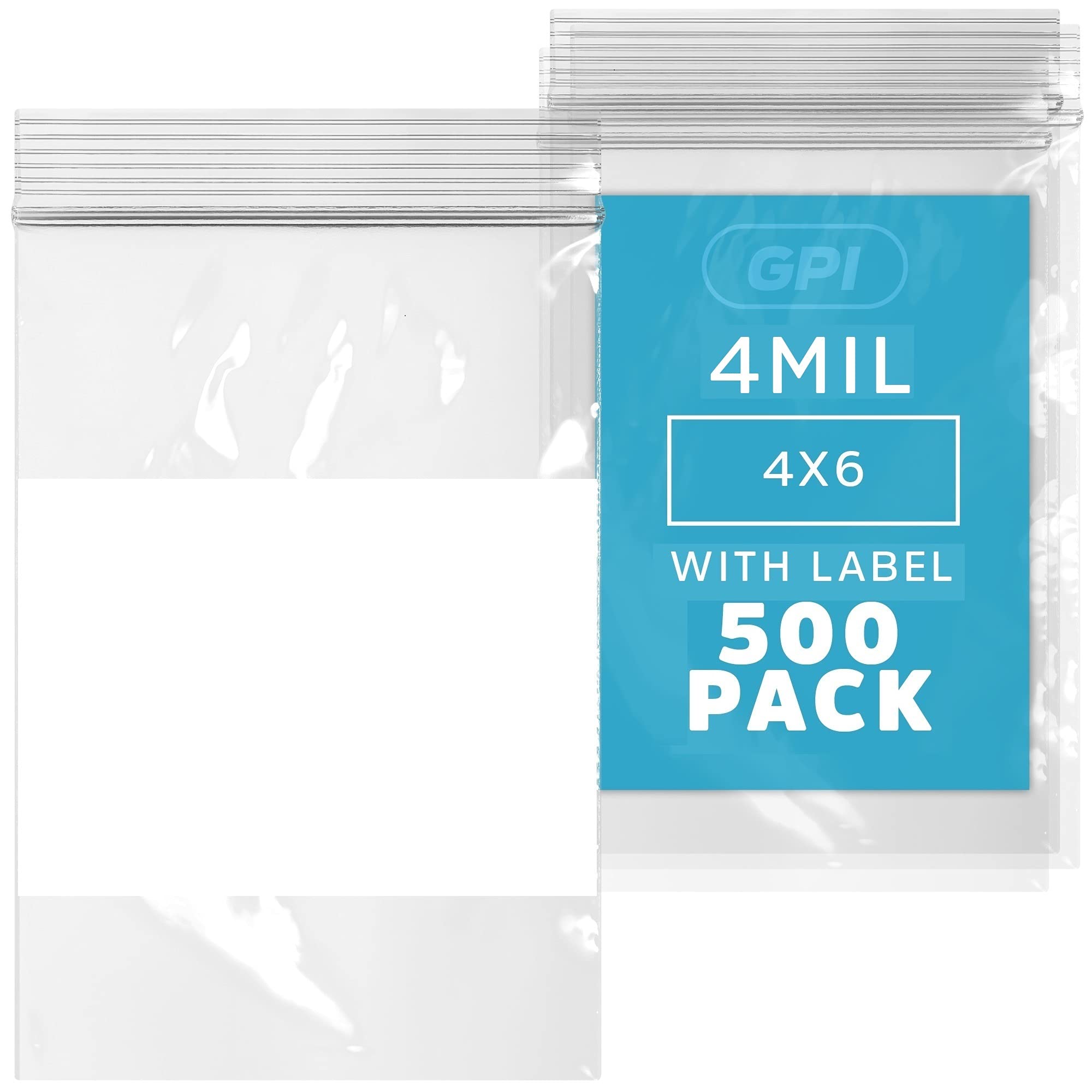 GPI - 4" x 6" - Bulk Pack of 500, 4 Mil Thick, Heavy Duty, Clear Plastic Reclosable Zip Bags, With Write-on White Block for Labeling, Strong & Durable Poly Baggies With Resealable Zipper Top Lock.