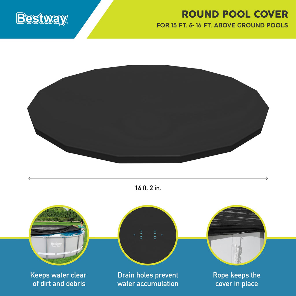 Bestway Round PVC 16 Foot Pool Cover for Above Ground Pro Frame Pools with Drain Holes and Secure Tie-Down Ropes, Black (Cover Only)