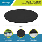 Bestway Round PVC 16 Foot Pool Cover for Above Ground Pro Frame Pools with Drain Holes and Secure Tie-Down Ropes, Black (Cover Only)