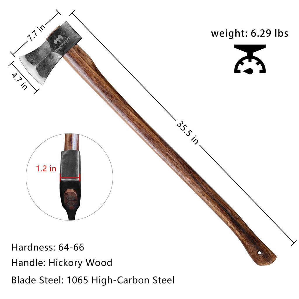 35.5" Splitting Axe, Wood Splitting Axe for Medium to Large Size Logs, 1065 High Carbon Steel Chopping Axe with Hickory Wood Handle and Leather Sheath for Chopping Firewood - Head 4.5 lbs