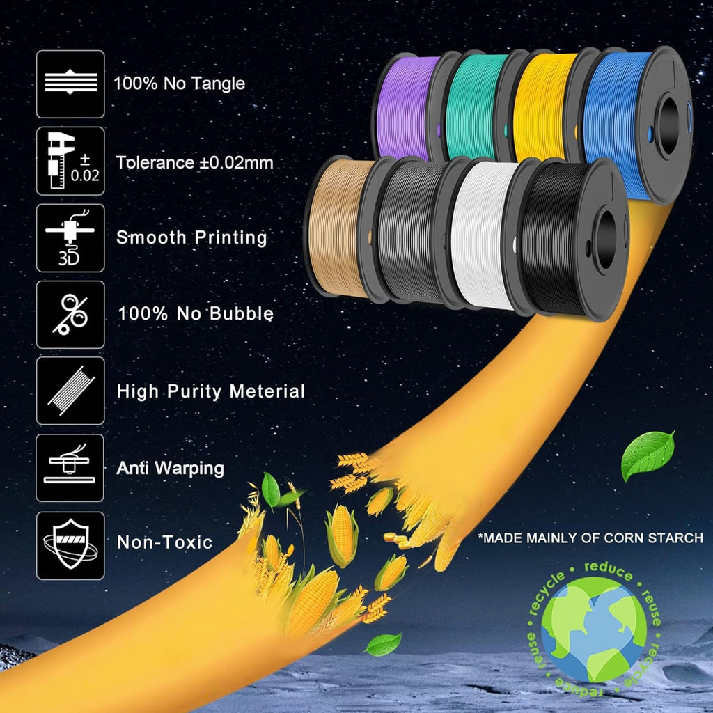 SUNLU 3D Printer Filament, Neatly Wound 250G Spool PLA Filament Bundle, 1.75mm PLA Filament Muticolor, High Compatiblity, 8 Rolls, Black+White+Grey+Burlywood+Purple+Bluegrey+GrassGreen+PureYellow