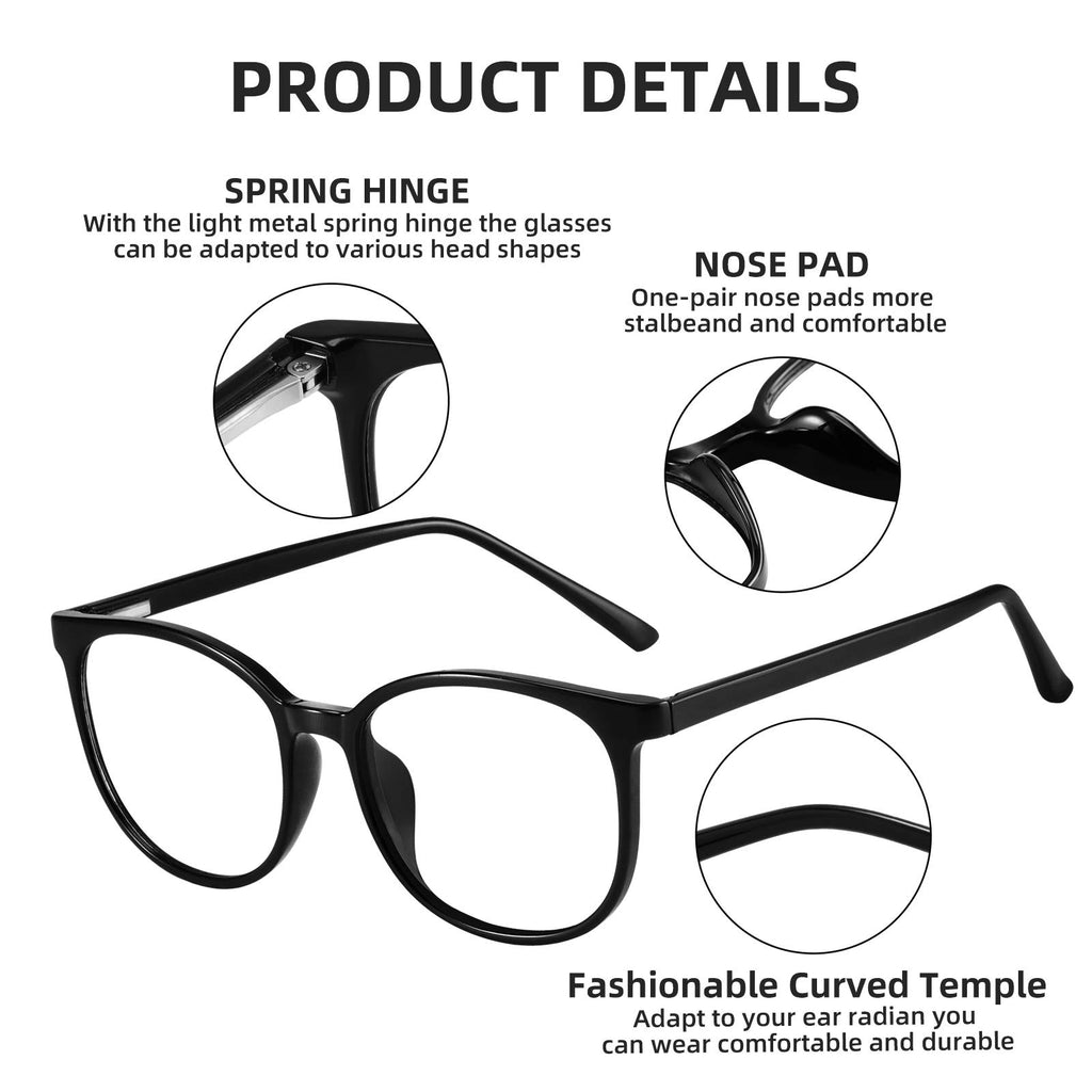 FONHCOO Blue Light Blocking Glasses Fashion Round TR90 Frame Transparent Eyewear Anti UV Computer Glasses for Women Men (Black)