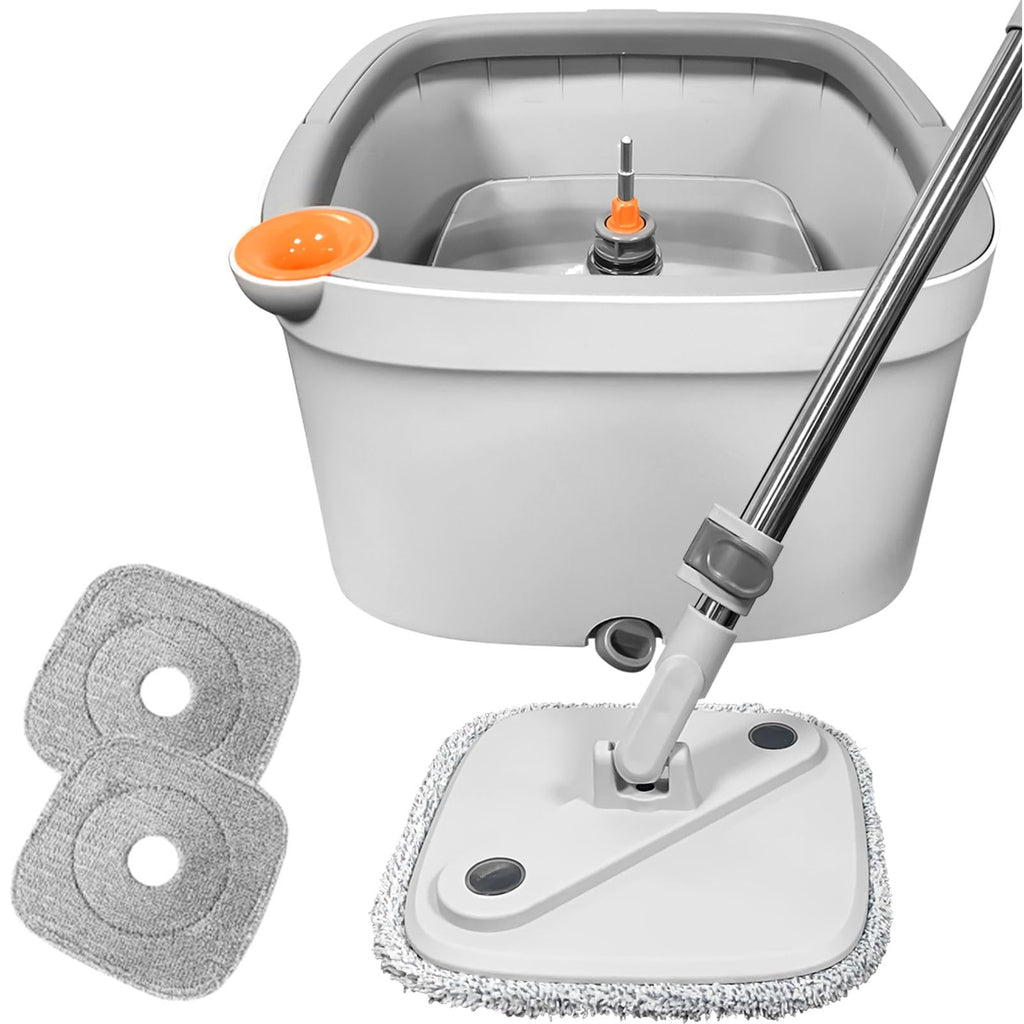 KZKR Spin Square mop and Bucket System with Wringer Set for Home with 2 Mop Pads (Grey,White)