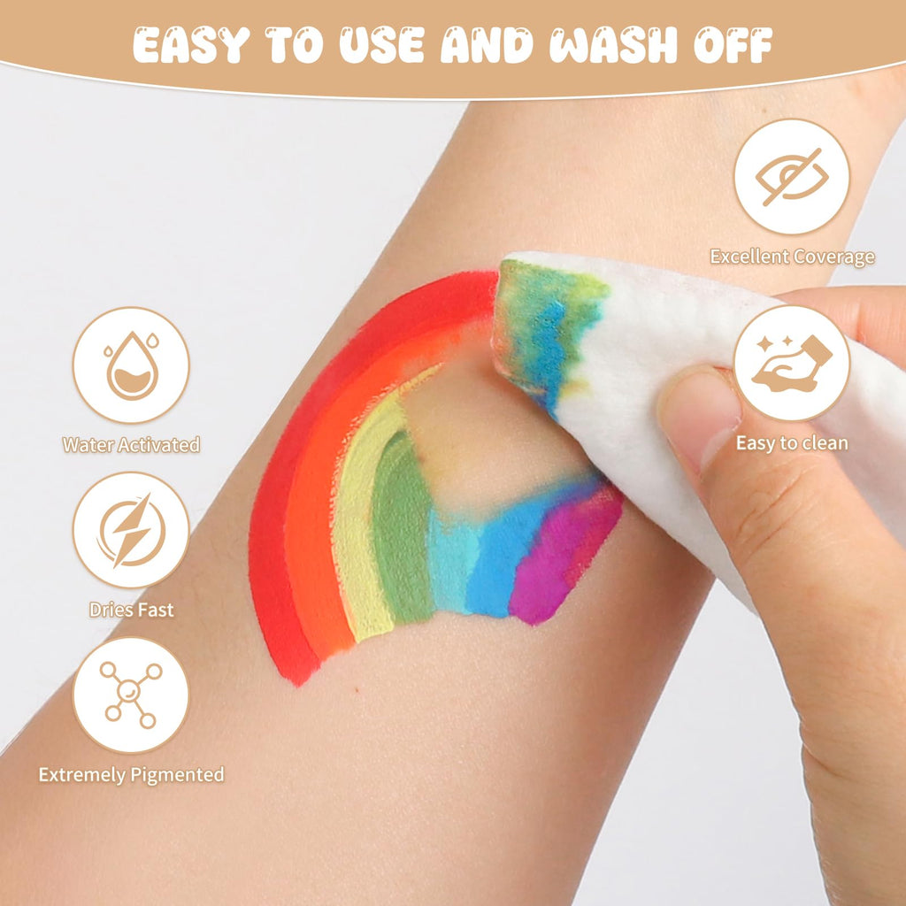 Pintada 54 Color Face Painting Kit for Kids - Non Toxic Water Activated Face Paint Palette with Stencils, Book, Brush & Sponges . For Halloween, Carnival, Party; Costume Makeup for Creative Activities