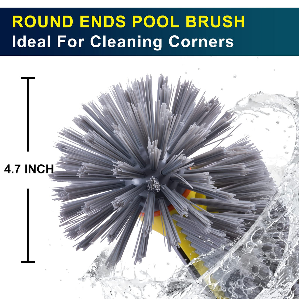POOLAZA Pool Brush Head with Round Ends, Heavy Duty Pool Brushes for Cleaning Pool Walls, Floors Steps & Corners, 17.5" Pool Brush with Sturdy Aluminum Handle & Durable Nylon Bristles (Yellow)