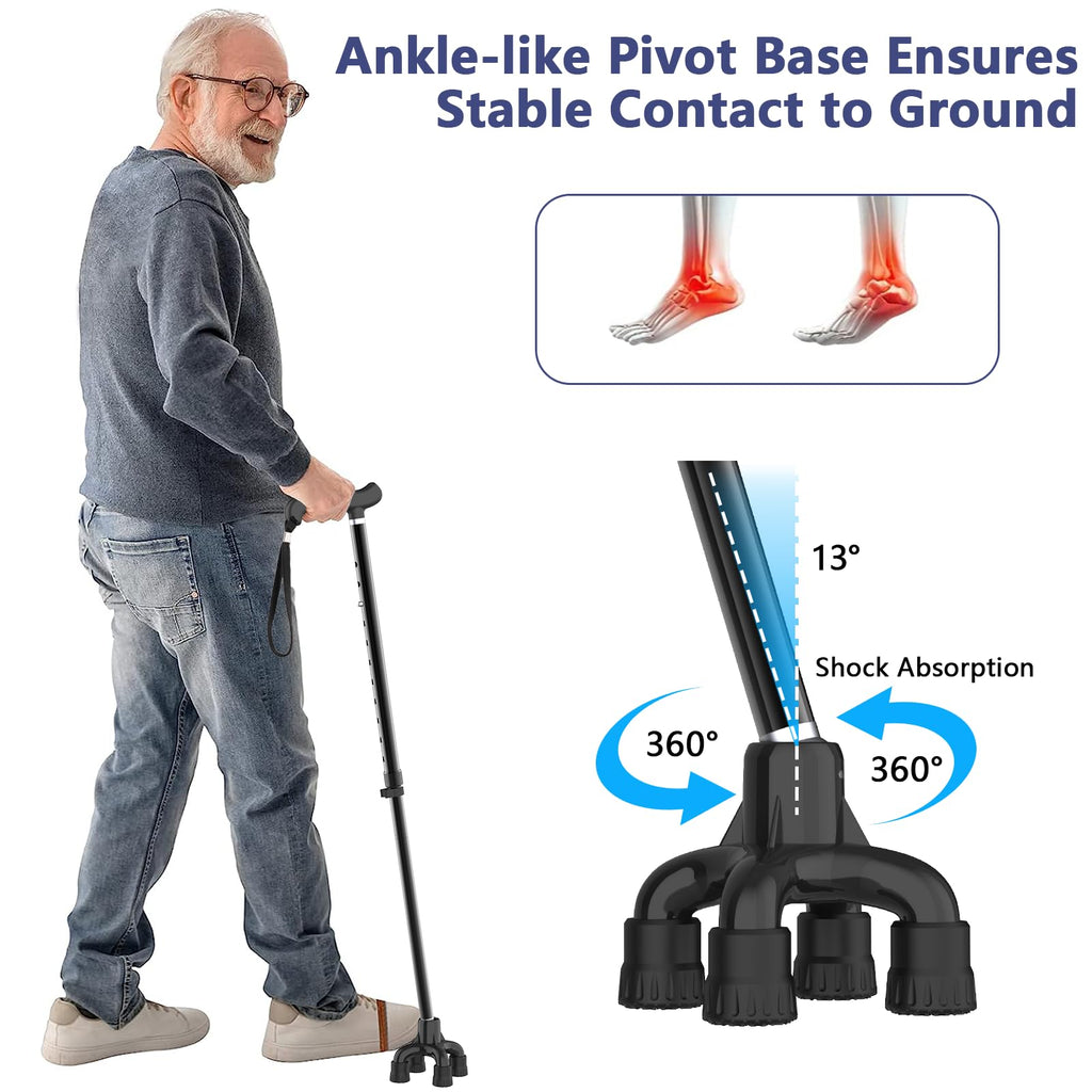 Folding Walking Stick For Women & Men, Walking Cane with 4 Feet, Pivot Tip, Self Standing,Heavy Duty,Adjustable Foldable Walking Stick, Collapsible Walking Sticks For Men & Ladies