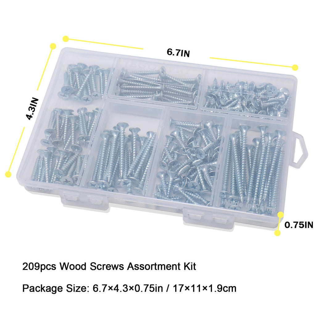 JEGONFRI 209PCS Wood Screw Assortment Kit, 6 Sizes Flat Head Phillips