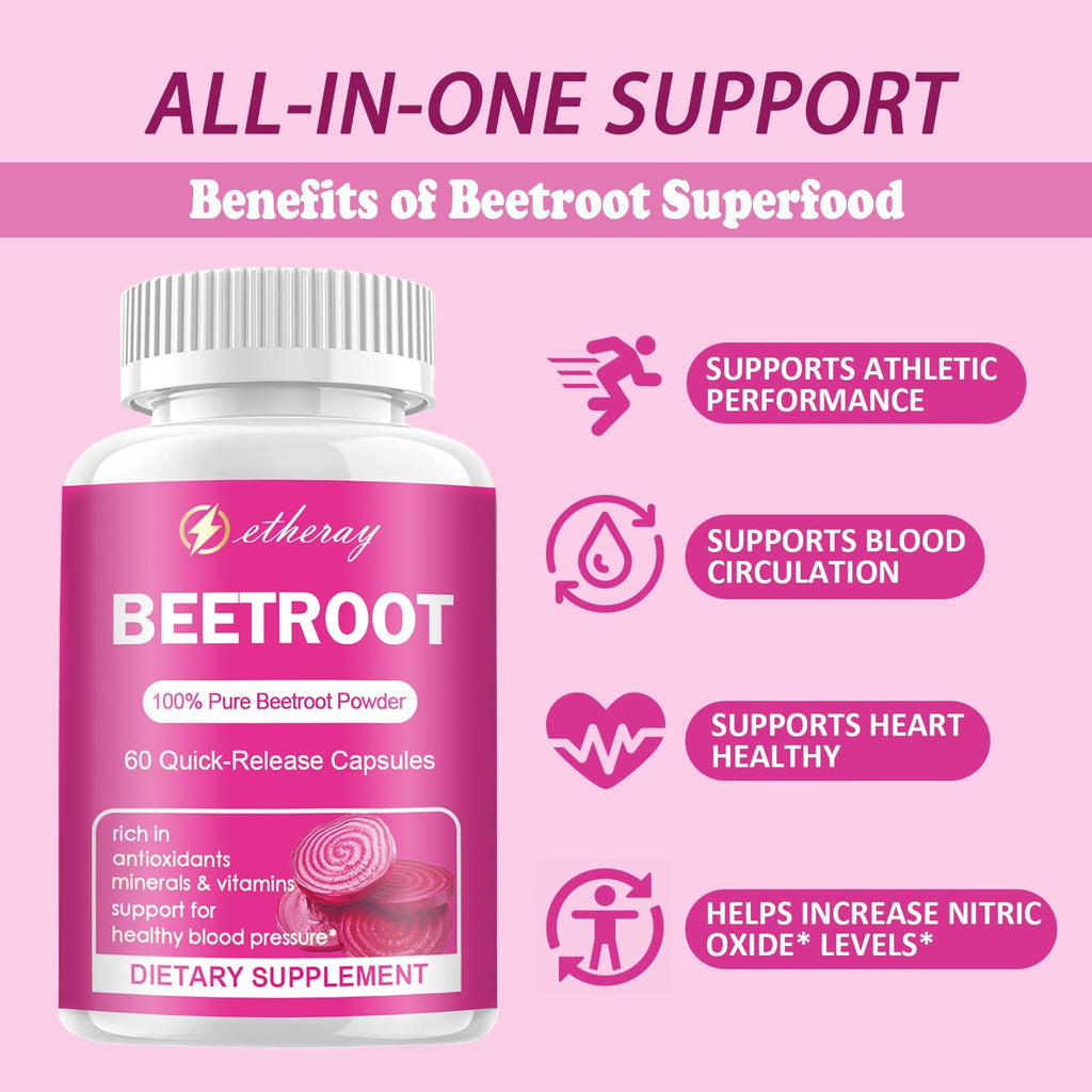 Beet Root Capsules - 1300mg Organic Pure Beetroot Beets Powder 60 Capsules-30 Days Supply | Natural & Vegan Supplement