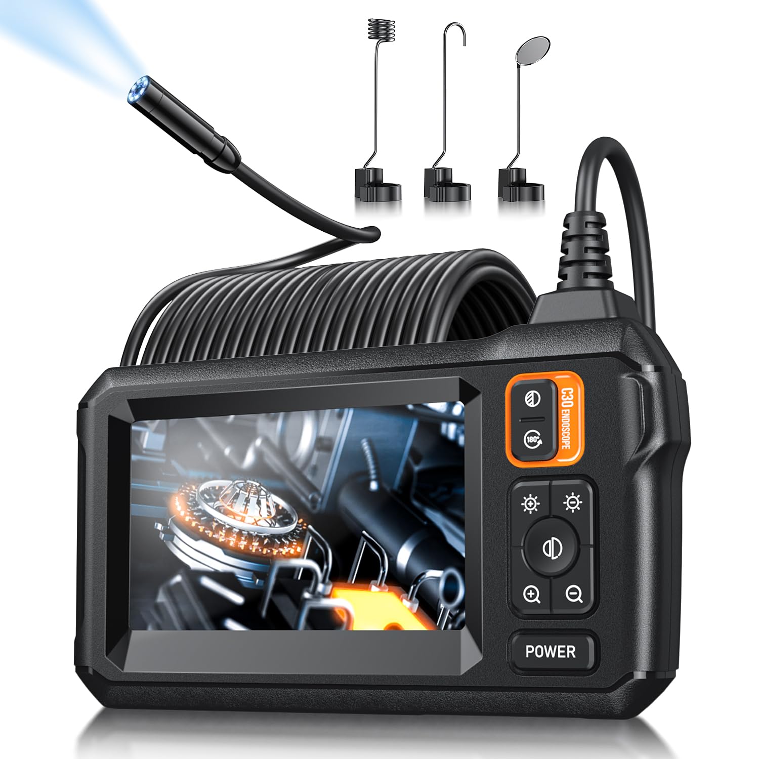 Endoscope Camera with Light, Inspection Borescope Camera with 4.3" IPS Screen, 1920P HD with 8 LED Lights, 32.8FT Semi-Rigid Cord Bore Scope, IP67 Waterproof Endoscope for Sewer, Tools(Orange)