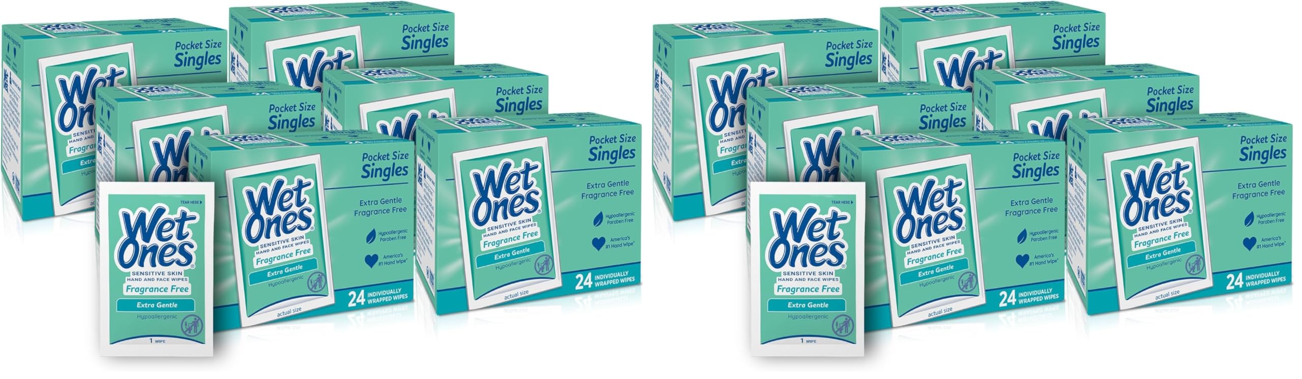 Wet Ones Hand and Face Wipes Singles, Unscented for Sensitive Skin, Hand-Wipes Individually Wrapped | 24 ct, (Pack of 12)