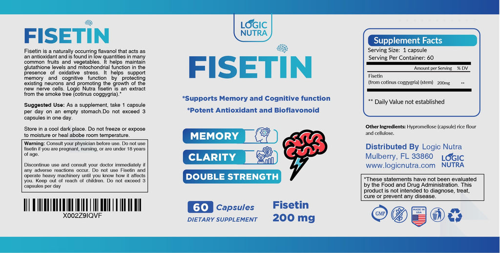 Logic Nutra Fisetin Double Strength - Fisetin Supplements 200 mg - Non-GMO, Vegan, & Gluten Free - 60 Capsules - Potent Antioxidant Supplement for Wellness Support