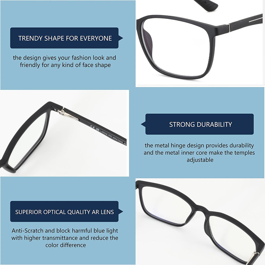 BLUEMOKY Mens Reading Glasses Classic : Square Readers Black Rectangular - Anti Glare Eye Strain (Black 2.75x)