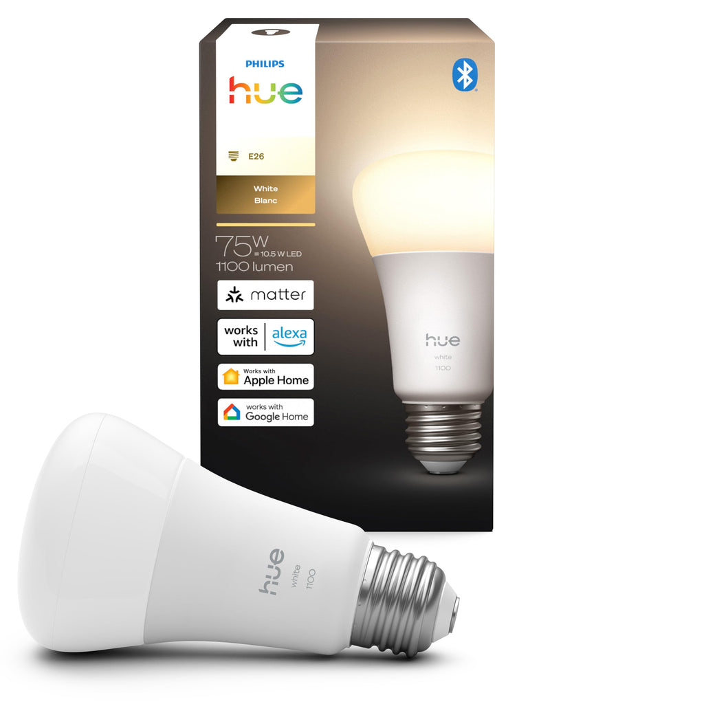 Philips Hue Smart LED A19 Bulb 1-Pack, Warm White Light 2700K, E26 Base, 10.5W, 1100 Lumens, Dimmable, Works with Alexa, Google Assistant, and Apple Home