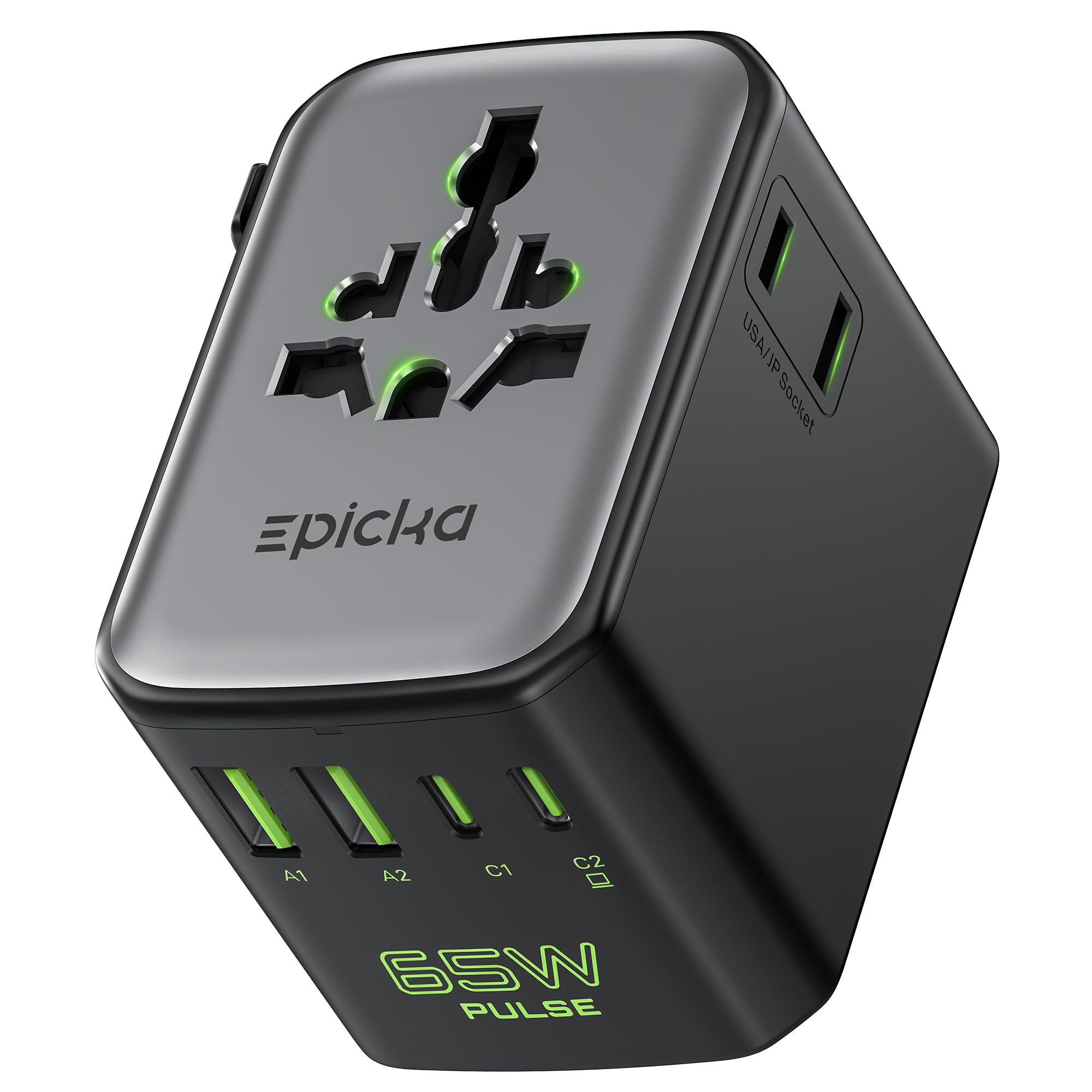 Epicka Pulse Duo 65W Universal Travel Adapter, International Power Adapter with PD & QC 3.0 Fast Charging for 2 Devices Simultaneously, European Travel Plug Adapter, Travel Essentials (Black)
