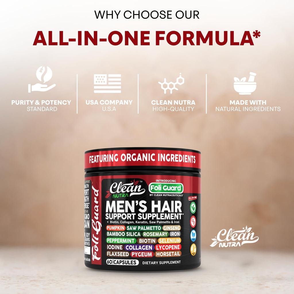 Hair Growth Supplement For Men | Biotin Hair Vitamins Collagen Pumpkin Seed Saw Palmetto Iron Ginseng Bamboo Silica Rosemary Peppermint Keratin Selenium Iodine Flaxseed Horsetail Vitamin A C D3 E B12