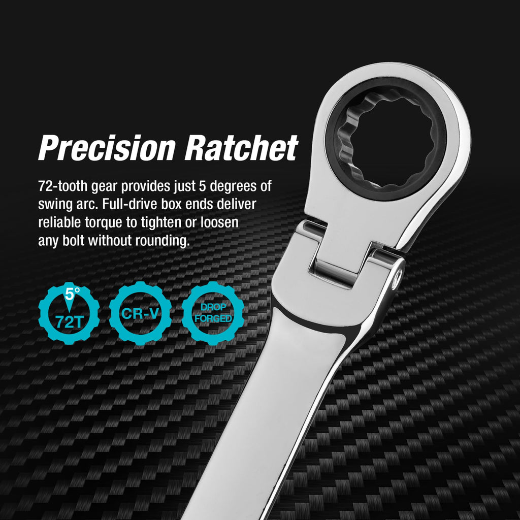 DURATECH 14 * 15 mm Extra Long Flex-Head Ratcheting Wrench, Metric, CR-V Steel