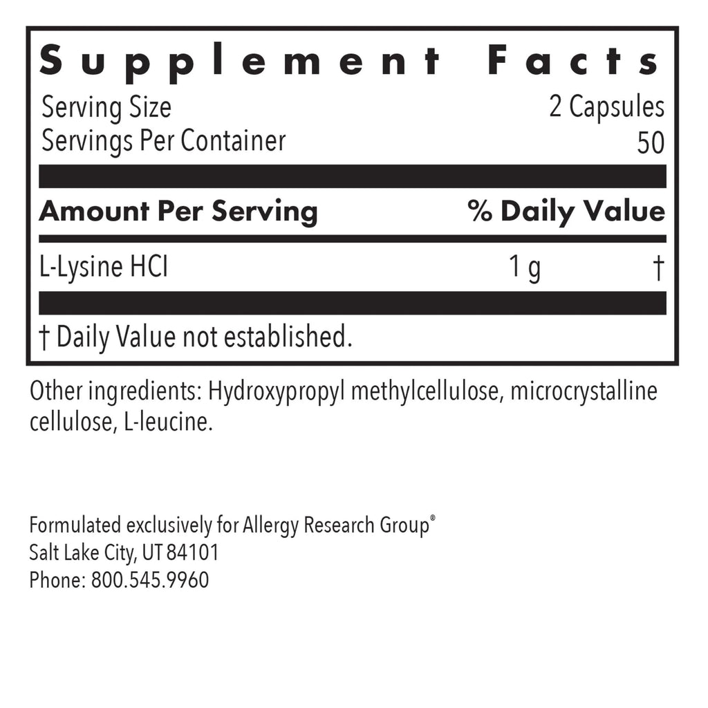 Allergy Research Group NutriCology L-Lysine 500 mg - Essential Amino Acid Supplement - Supports Collagen Formation, Calcium Absorption, Bone & Connective Tissue - 100 Servings - 100 Capsules