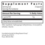 Allergy Research Group NutriCology L-Lysine 500 mg - Essential Amino Acid Supplement - Supports Collagen Formation, Calcium Absorption, Bone & Connective Tissue - 100 Servings - 100 Capsules