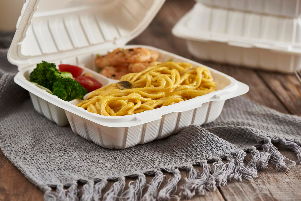 Jaluxing 8X8 3Compartment 50Pack Plastic Clamshell Take Out Food Containers, Heavy Duty To-go Disposable Lunch Box Restaurant Meal Prep Packaging Catering Hinged Container (Formerly FULING)