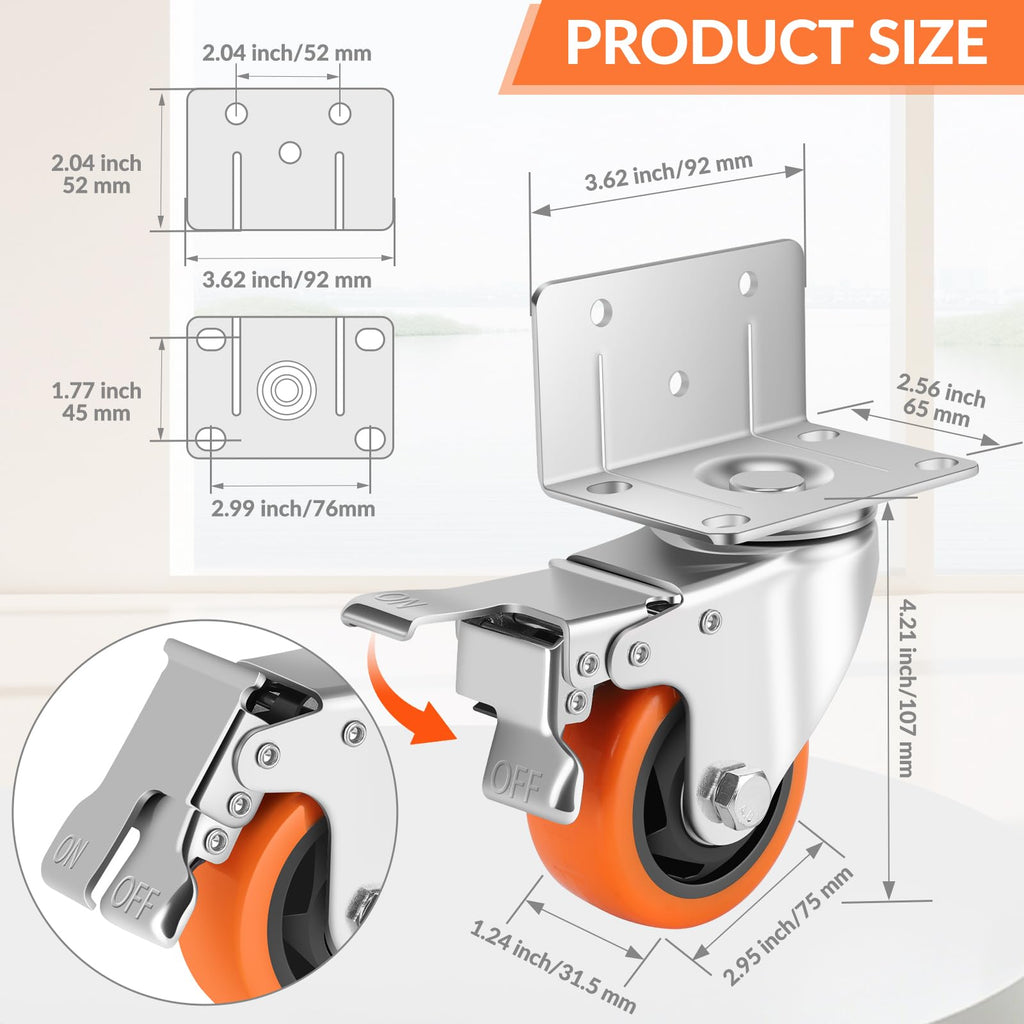 Caster Wheels,3 Inch L-Shaped Casters Set of 4 Heavy Duty,4-Pack Industrial Casters with Brake Polyurethane Wheels, Locking Caster Wheels for Furniture and Workbench