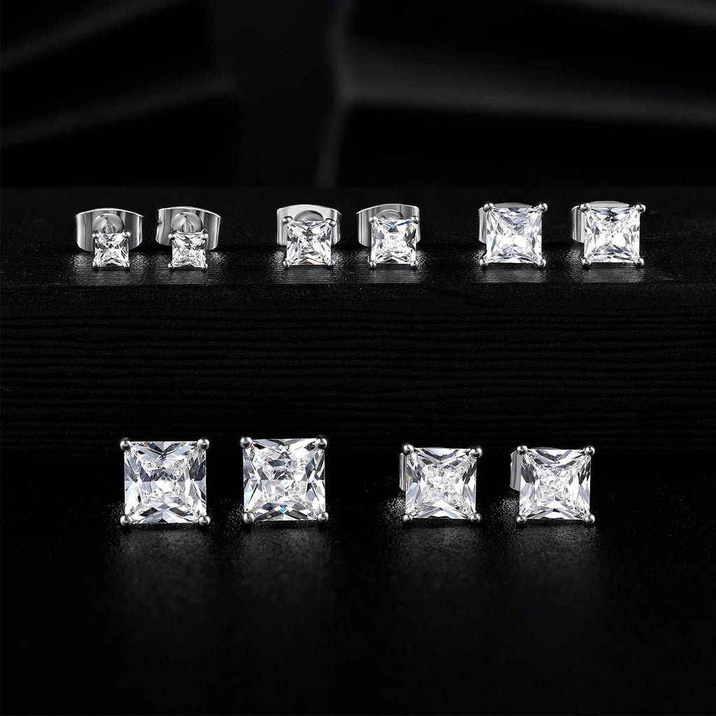 MDFUN Princess Cut Cubic Zirconia Stud Earrings for Women Men,5 Pairs