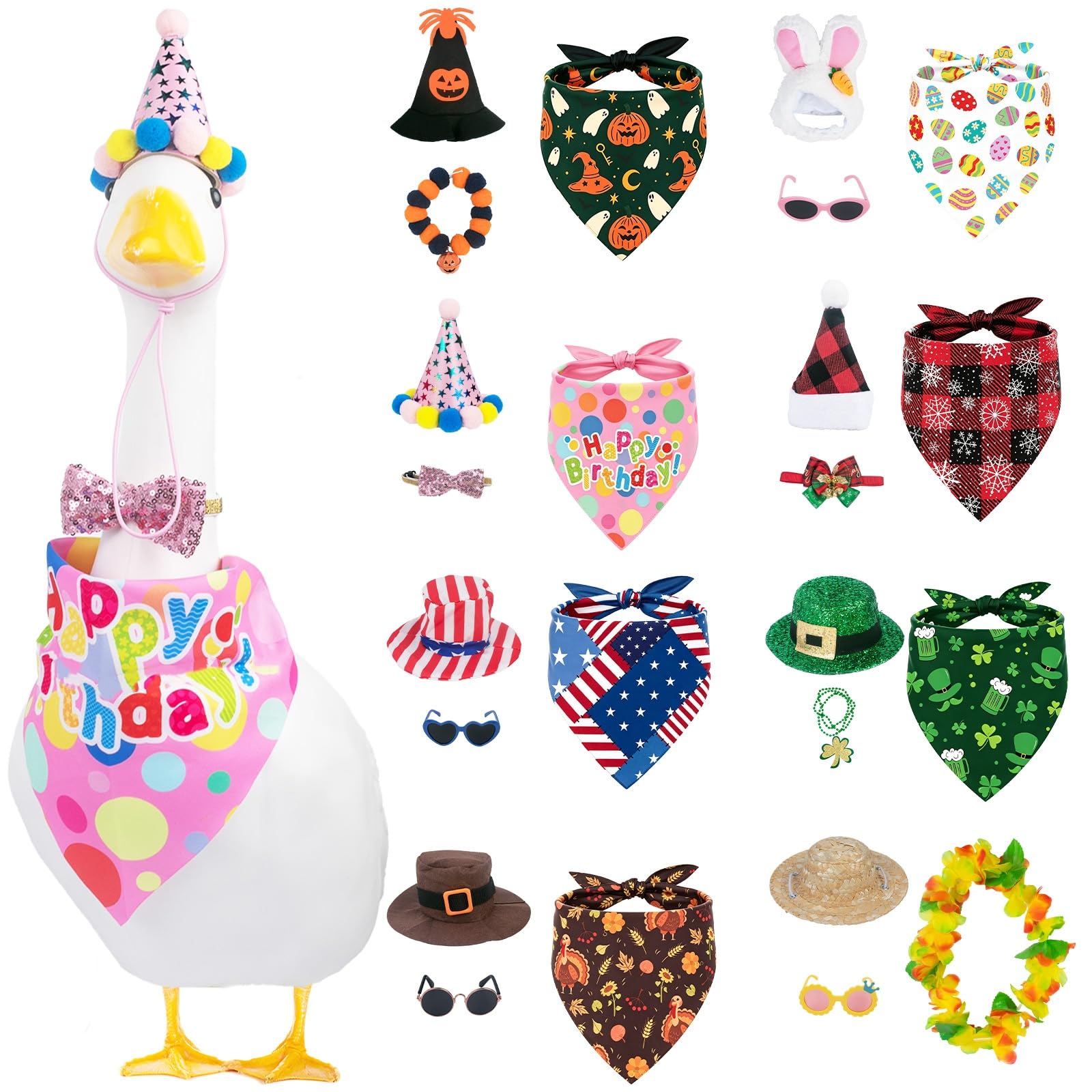 8 Set Holiday Porch Goose Outfits for 17/23" Plastic Lawn Goose - 4th of July Valentines St. Patricks Easter Summer Fall Halloween Christmas Clothes - Patio Yard Garden Decor with Hat Glasses and Bib