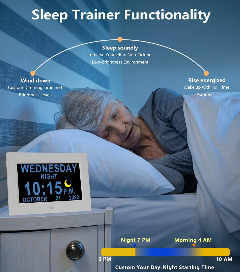 27 Alarms Digital Clock with Voice-Talking Time, Auto DST, 20 Custom Reminders, 10-Level Night Dimmer, Sleep Trainer, Day Date Week Calendar Clock for Seniors Dementia Alzheimers- 7 Inch with Remote