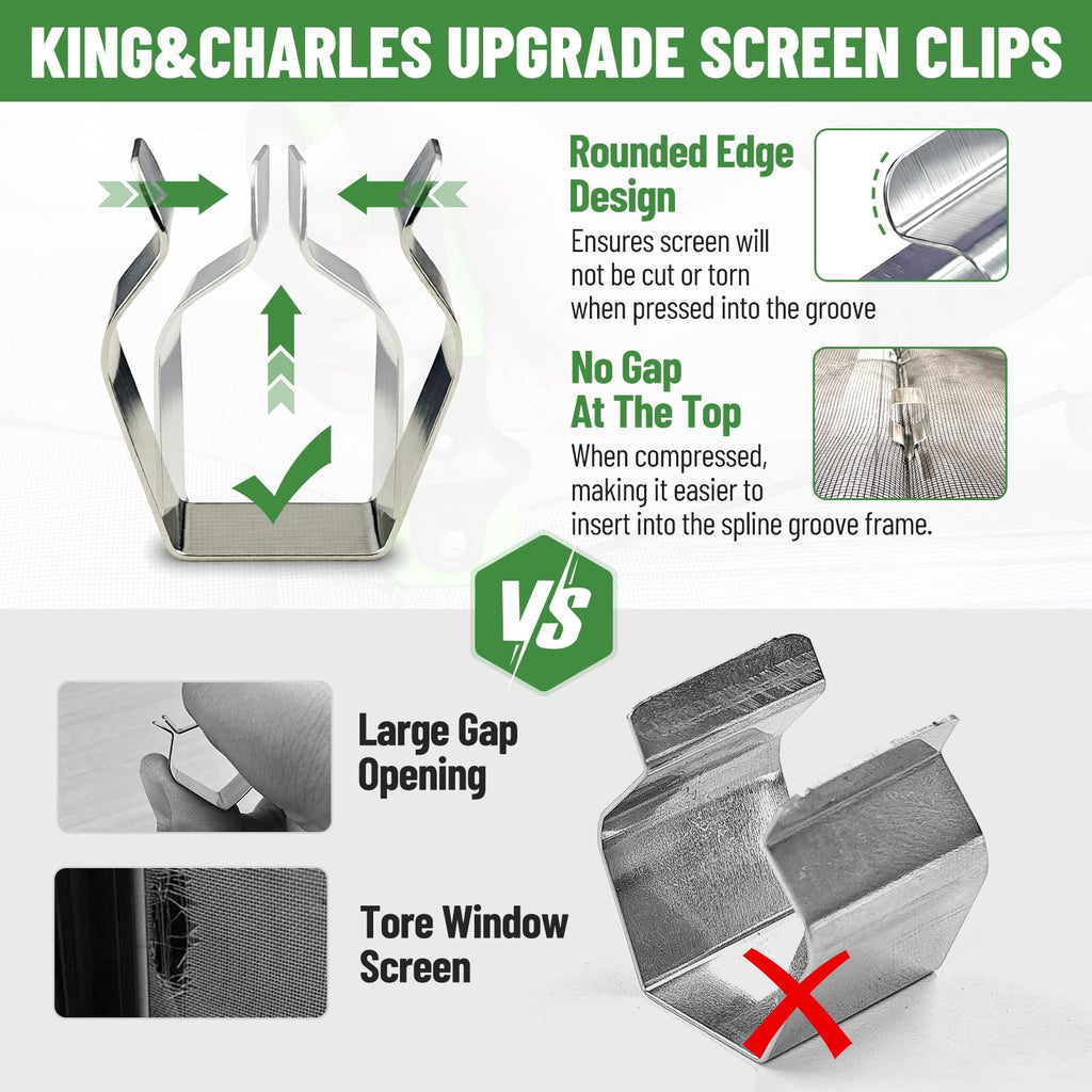King&Charles Window Screen Door Repair/Replacement Kit, Include Gray Screen Mesh 59"x106"+ 2 Roller+50Ft Spline+8Clips+Hook, 6 in 1 Window Mesh Kit, Steel/Nylon Bearing Roller