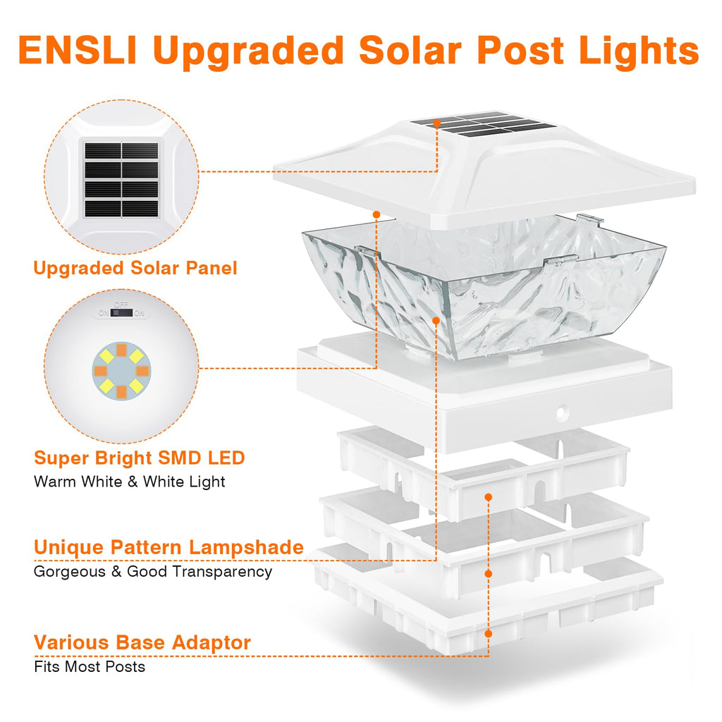 ENSLI Solar Post Cap Lights Outdoor 6 Pack, 2 Mode Bright Fence Post Solar Lights Outdoor Waterproof, Deck Fence Post Cap Light Solar Powered for 4x4 4.5x4.5 5x5 Posts in Garden Decor