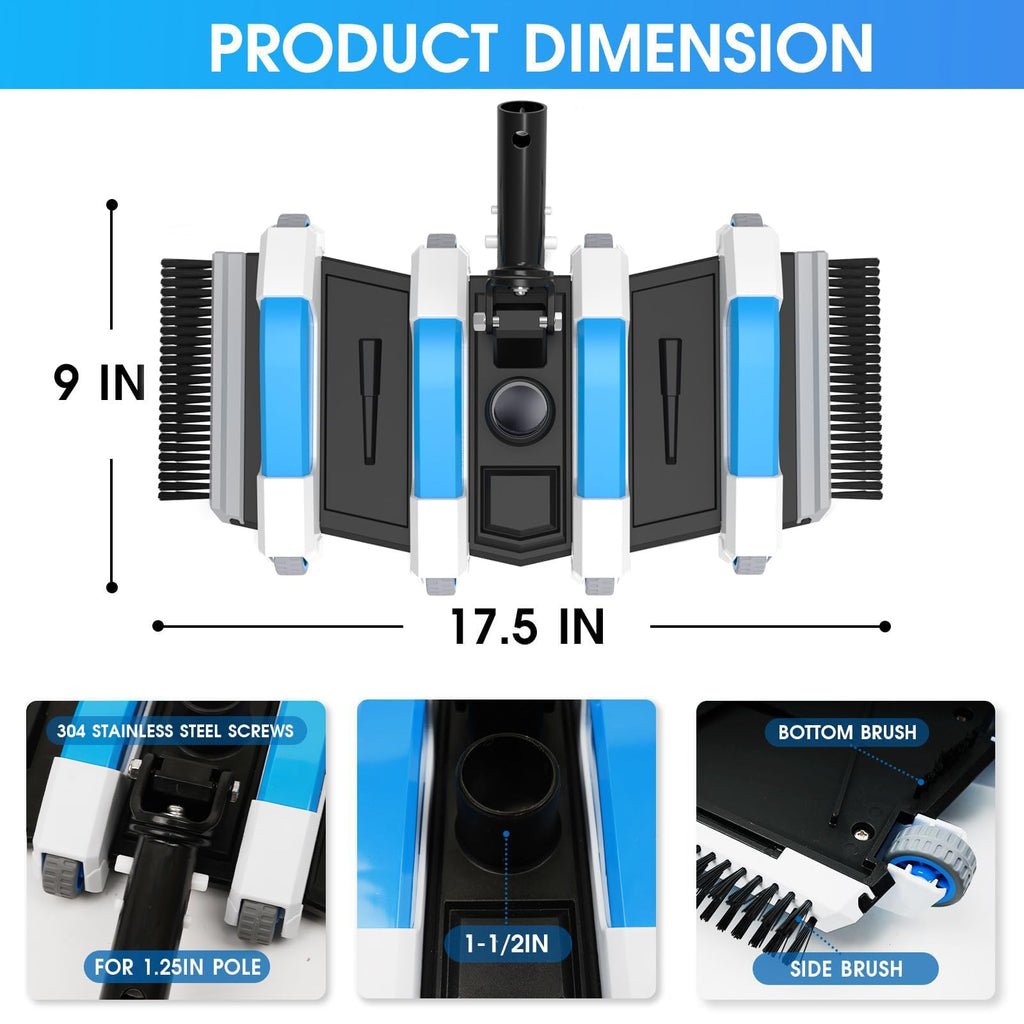 Extra-Wide 4LB Professional Weighted Vacuum Heads- Commercial-Grade Pool Vac Head with Direction-Control Handle,Brush & Wheels for Vinyl Liner-Deep Cleaning Inground & Above Ground Swimming Pool -Blue