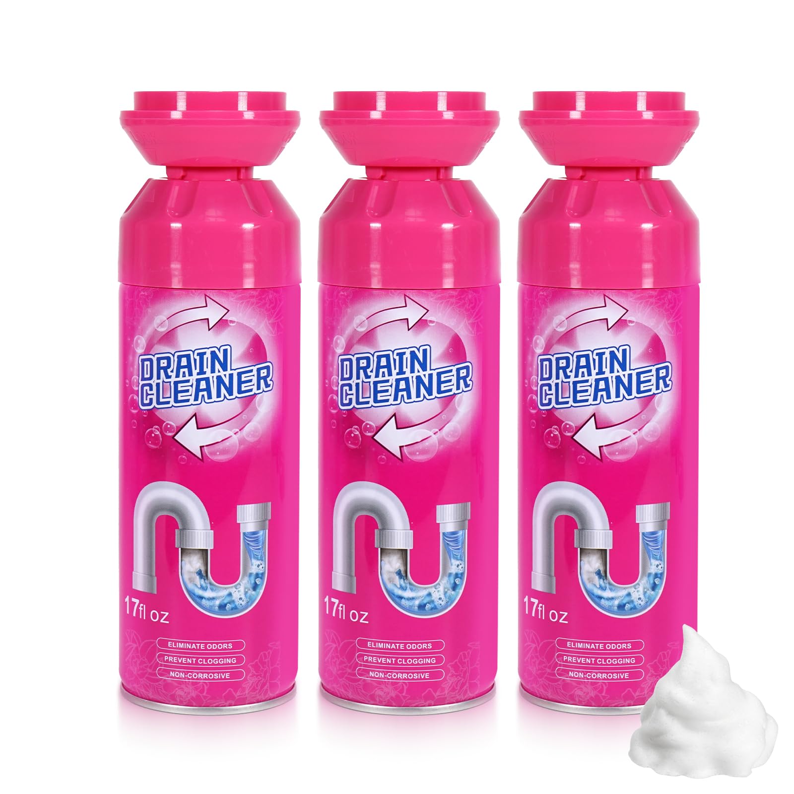Foaming Drain Cleaner, Sink Cleaner and Deodorizer, Drain Clog Remover for Kitchen Sinks, Tubs, Shower Drains (3 Pcs)