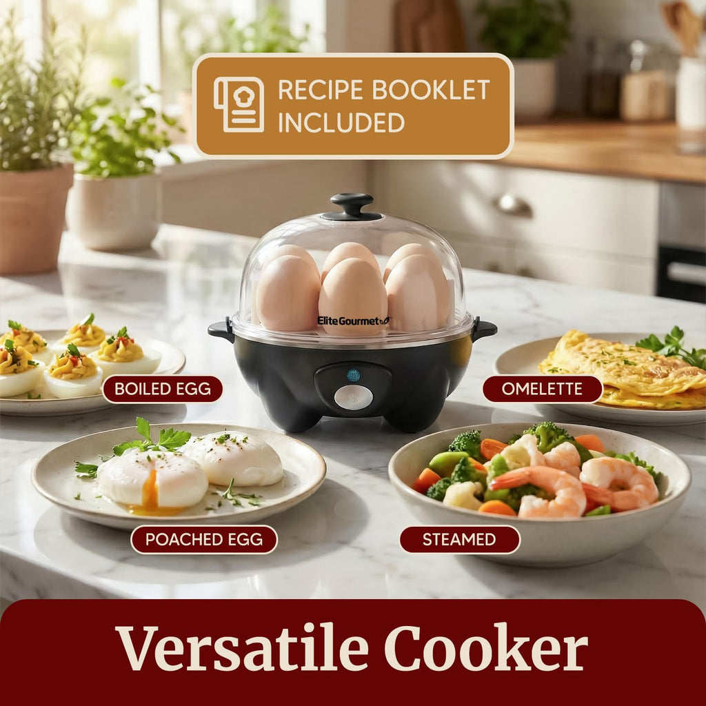 Elite Gourmet 7-Egg Rapid Egg Cooker, Poacher/Omelet Maker, Auto Shut-Off
