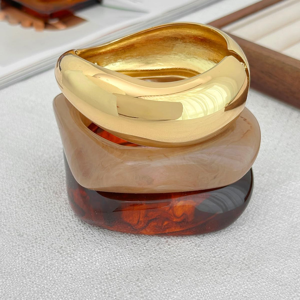 Ingemark Gold Resin Bangle Bracelet, Wide Cuff Minimalist Jewelry for Women, Acrylic Mixed Pattern (Gold01)