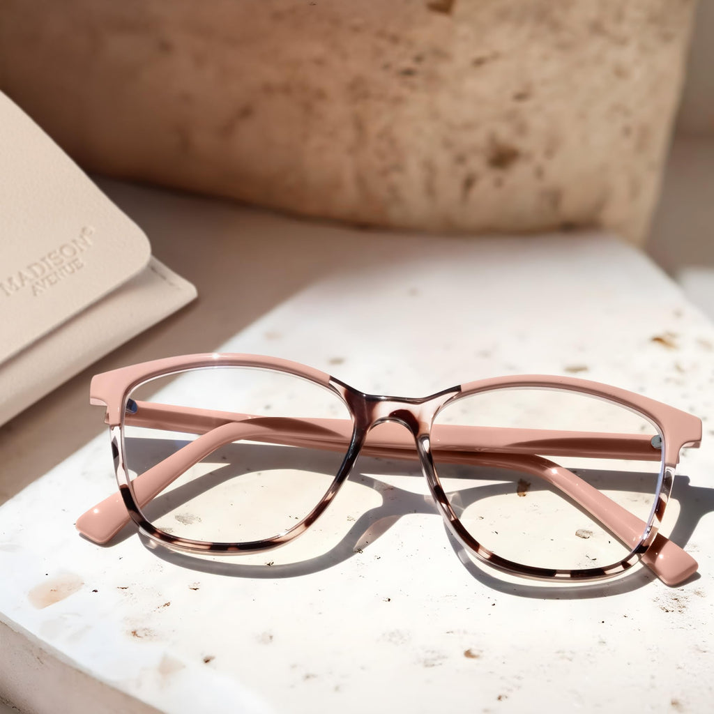 Madison Avenue Square Vintage TR90 Blue Light Blocking Reading Glasses for Women with Case, Anti Glare/Eyestrain Computer Readers Pink Demi +1.75