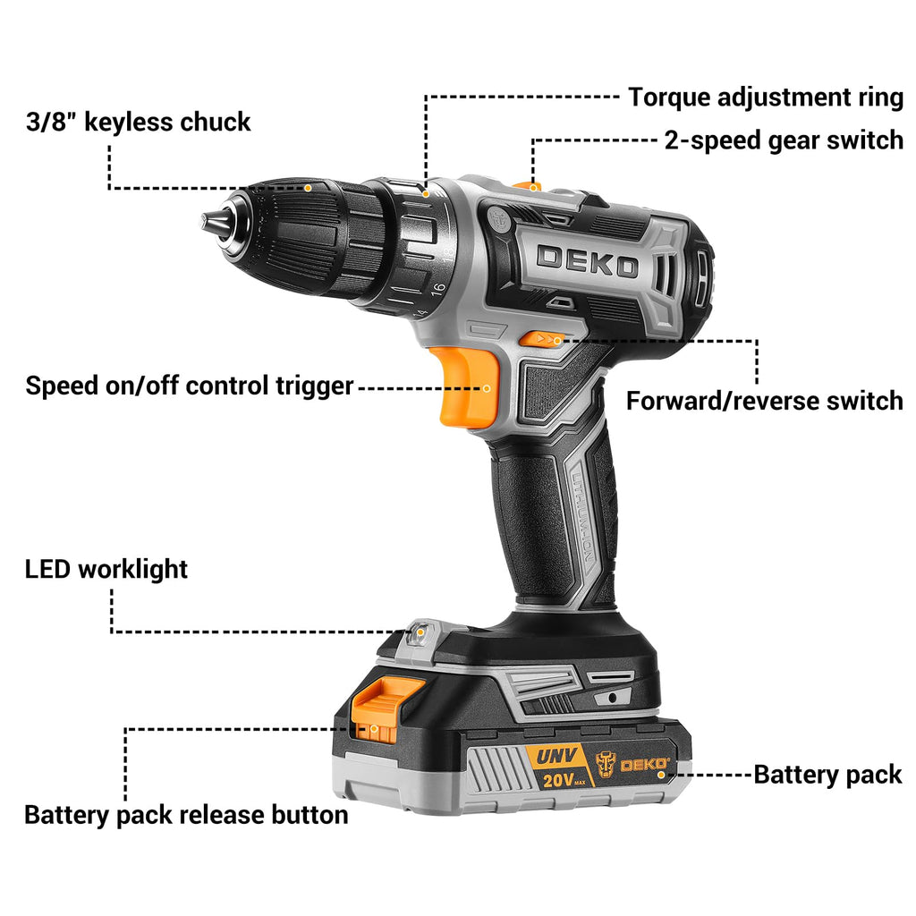 Power Drill Cordless: DEKOPRO Cordless Drill 20V Electric Power Drills Set Tool Drills Cord-less Set with Battery and Charger