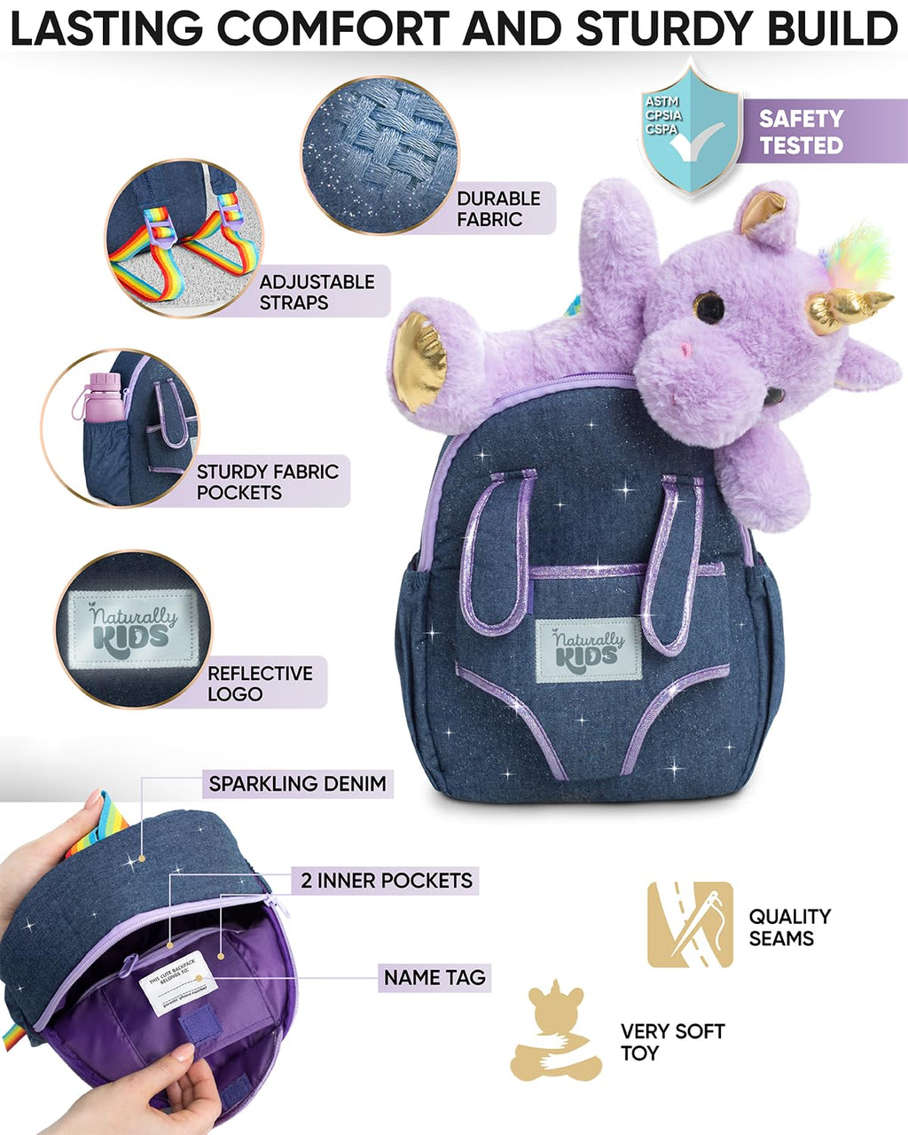 Naturally KIDS Toddler Backpack w. Plush Purple Unicorn Toy, Kids Gift 2-6