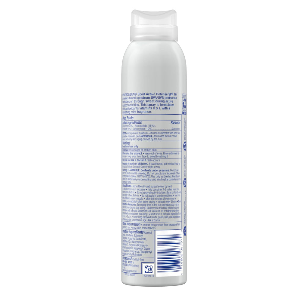 Neutrogena Sport Active Defense SPF 70 Sunscreen Spray, Sweat & Water Resistant Spray Sunscreen with Broad Spectrum Protection for Sunburn Prevention, Oxybenzone-Free, Twin Pack, 2 x 5 oz
