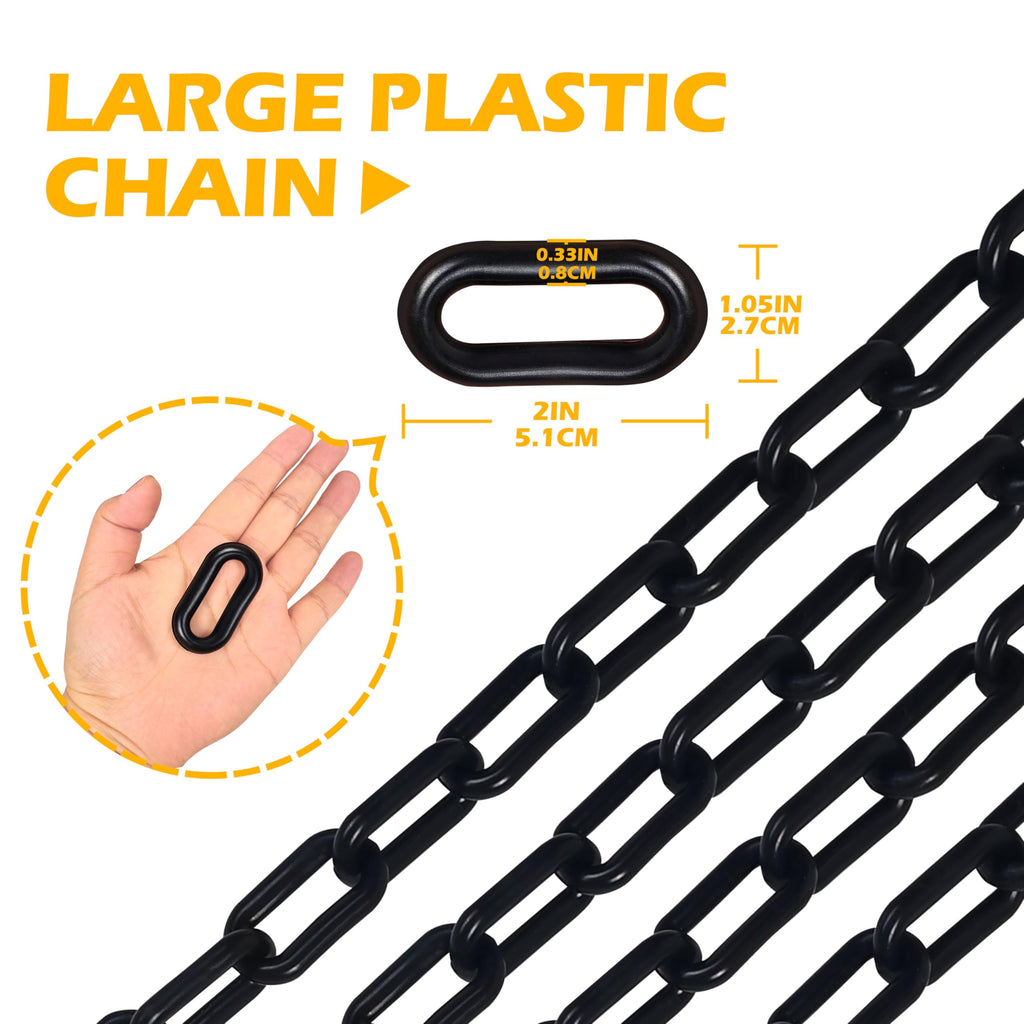 Ahniiqo 60 Feet Plastic Barrier Chain Black,2-Inch Link Diameter Safety Barrier Chain，Large Plastic Chain，8MM Plastic Barrier Chain，Plastic Chain Links