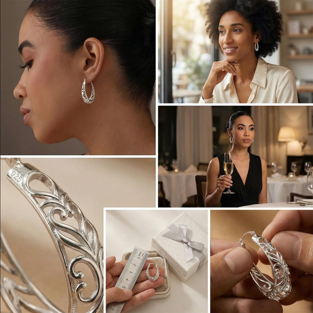 LeCalla Sterling Silver Earring Hoops for Women | Filigree Earrings | 925 Silver Hoop Earrings | Women's Filigree Hoop Earrings | 925 Silver Italian Hoops Earring | Medium Oval Hoop for Women - 32mm