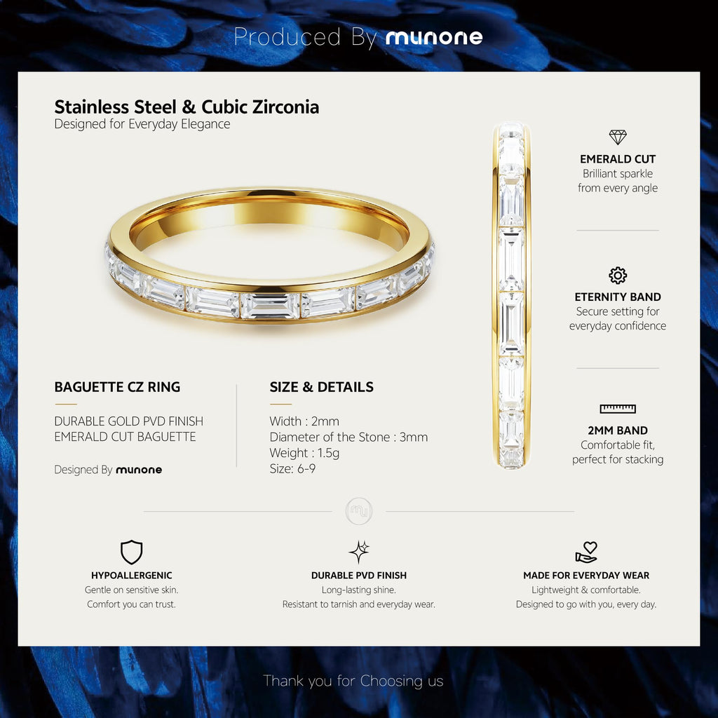 munone 2mm Channel Set Baguette CZ Eternity Wedding Band Ring for Women