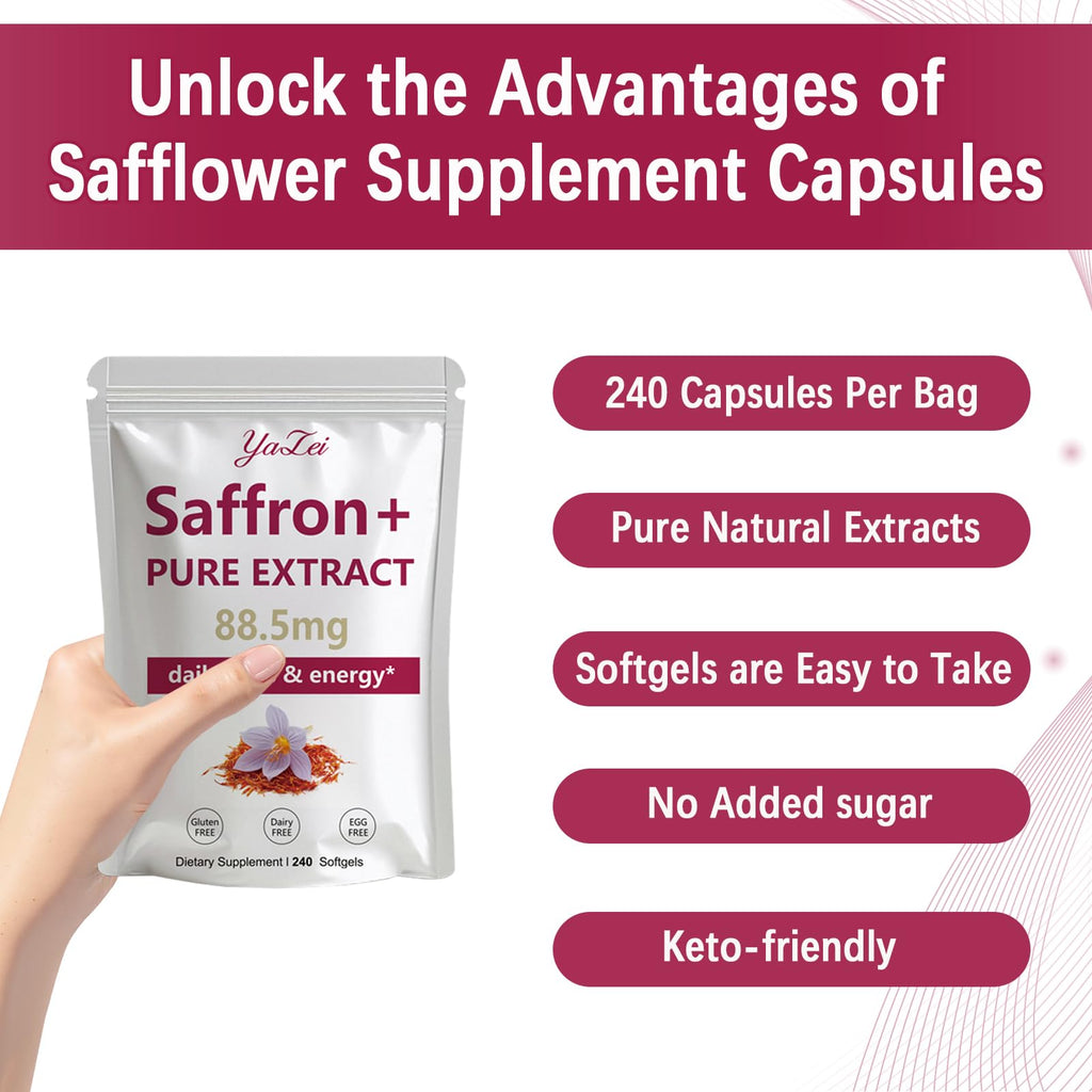 Yalei Saffron Extract Supplements 88.5mg,240 Softgels, 4 Month Supply- Boost Energy & Mood, Support Eye & Heart Health- Vegan, Gluten Free