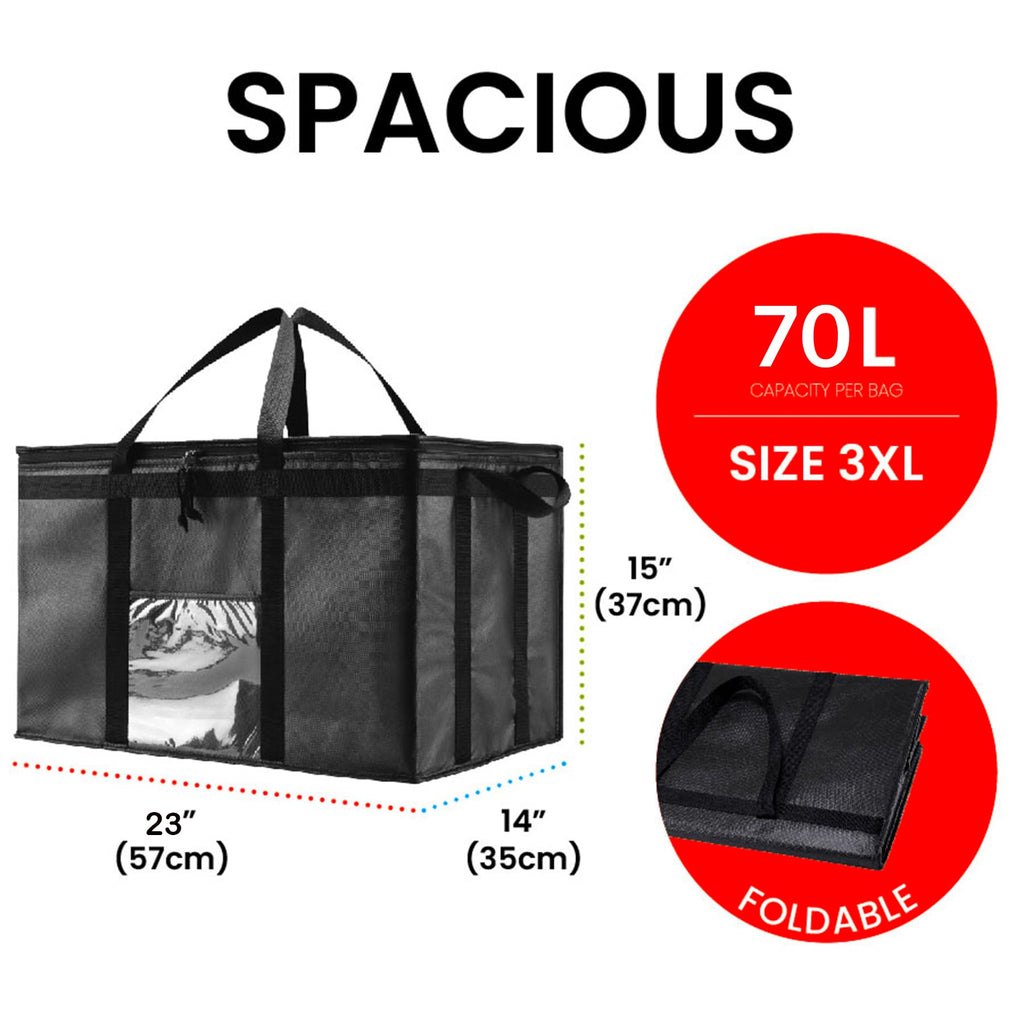 NZ home Insulated Bags for Food Delivery (3XL) Grocery Shopping Cooler Bag, Pizza Delivery, Hot & Cold Catering Tote, Reusable, Foldable & Heavy Duty (2 Pack, Black)