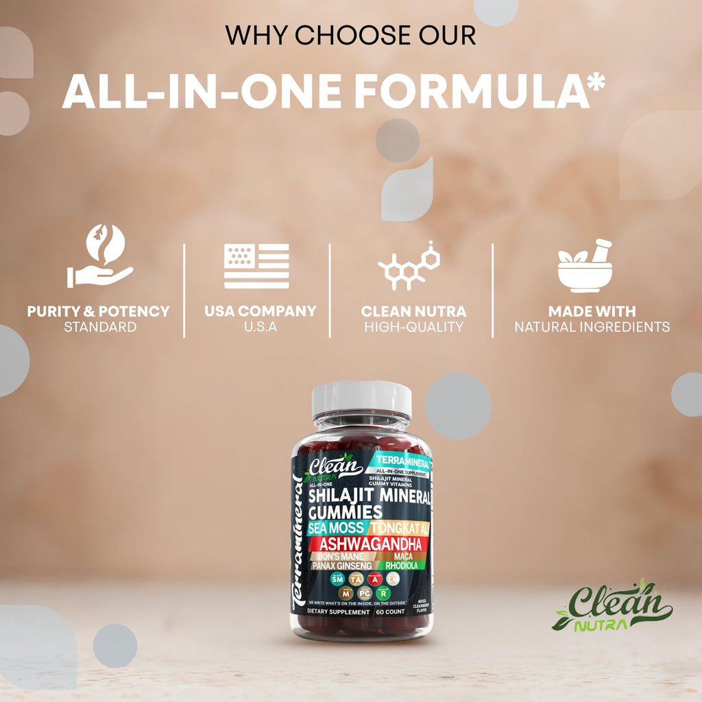 Terramineral Shilajit Gummies with Irish Sea Moss Tongkat Ali Ashwagandha Lion's Mane MACA Panax Ginseng Rhodiola & Cordyceps by Clean Nutra (1)