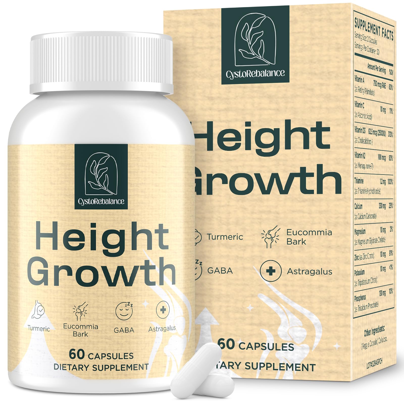 CystoRebalance 25-in 1 Bone Strength Supplement - for Natural Growth, Digestion and Stress - High Absorption - Calcium, Magnesium, Zinc, Ashwaganda and Multivitamins for Age 12+ | 60 Caps