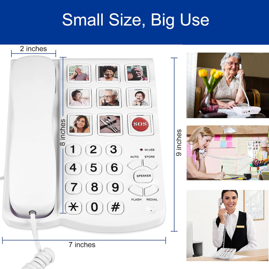 Big Button Phone for Seniors, 9 Pictured Big Buttons,Extra Loud Ringer,Wired Simple Basic Landline Telephone for Visually Impaired Old People with Large Easy Buttons, Emergency House Phones