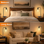 Set of 2 Industrial Touch Control Table Lamps with USB C+A Ports and AC Outlet - 3-Way Dimmable Black Bedside Lamps Nightstand Desk Lamps for Bedroom Living Room, Glass Shade & 2 LED Bulbs Included