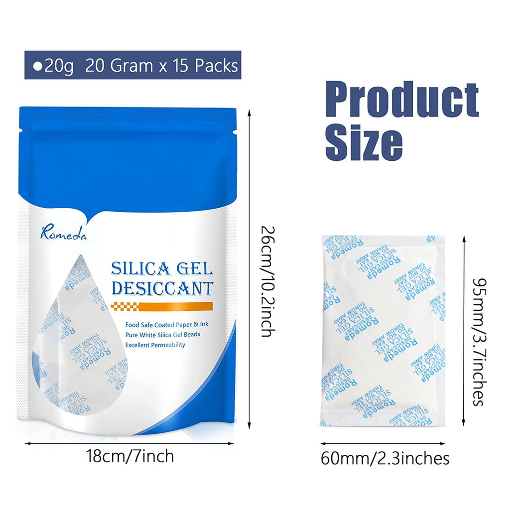 15 Pcs 20 Gram Silica Gel Packs, Transparent Desiccant, Desiccant Packets for Storage, Moisture Packs for Spices Jewelry Shoes Boxes Electronics Storage