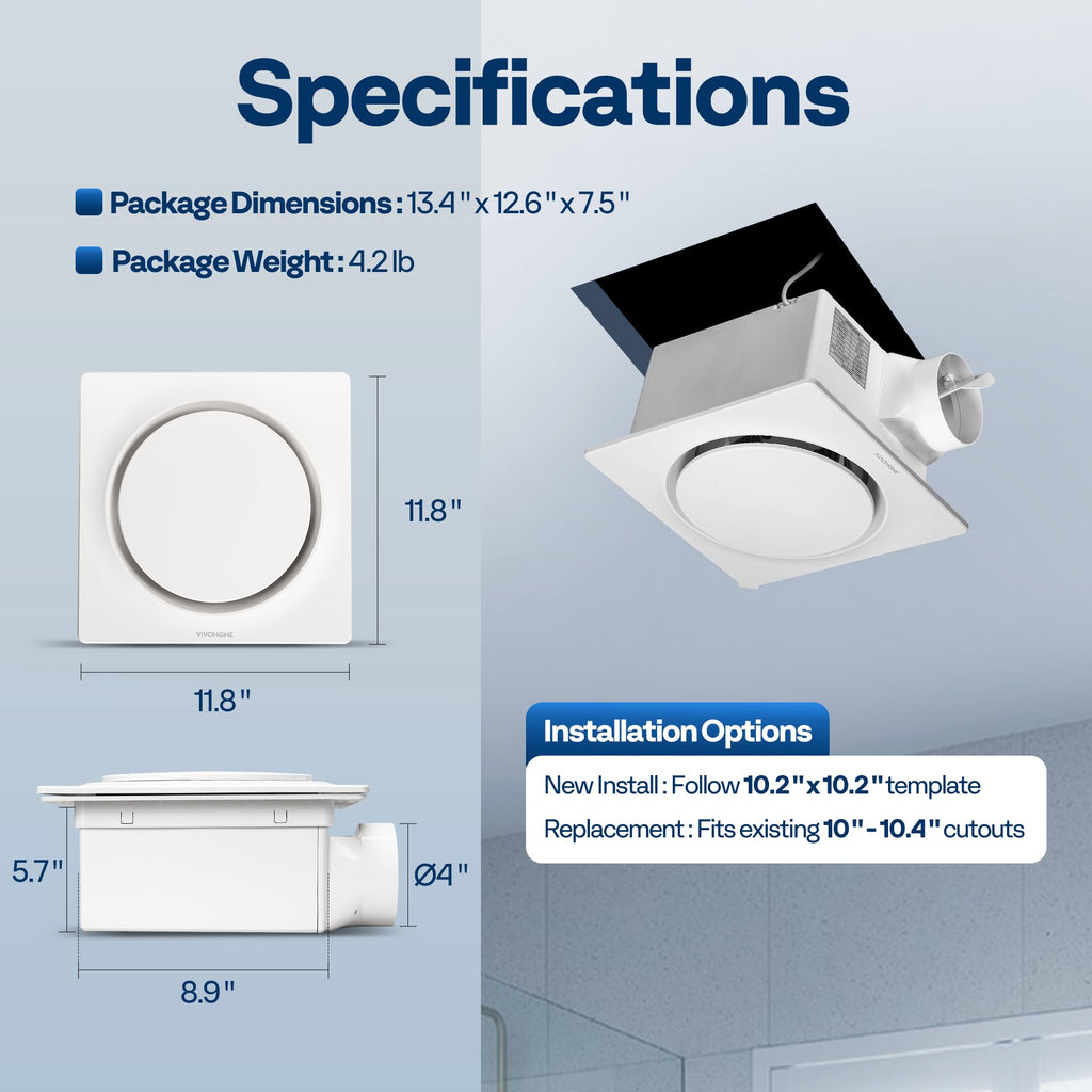 VIVOHOME AutoFlow Bathroom Exhaust Fan with Humidity Sensor 110CFM - Energy-Saving EC Motor,10.2-inch Ceiling Retrofit Bath Fan, No Attic Access Needed(Install Kit, 4-in Duct Included)